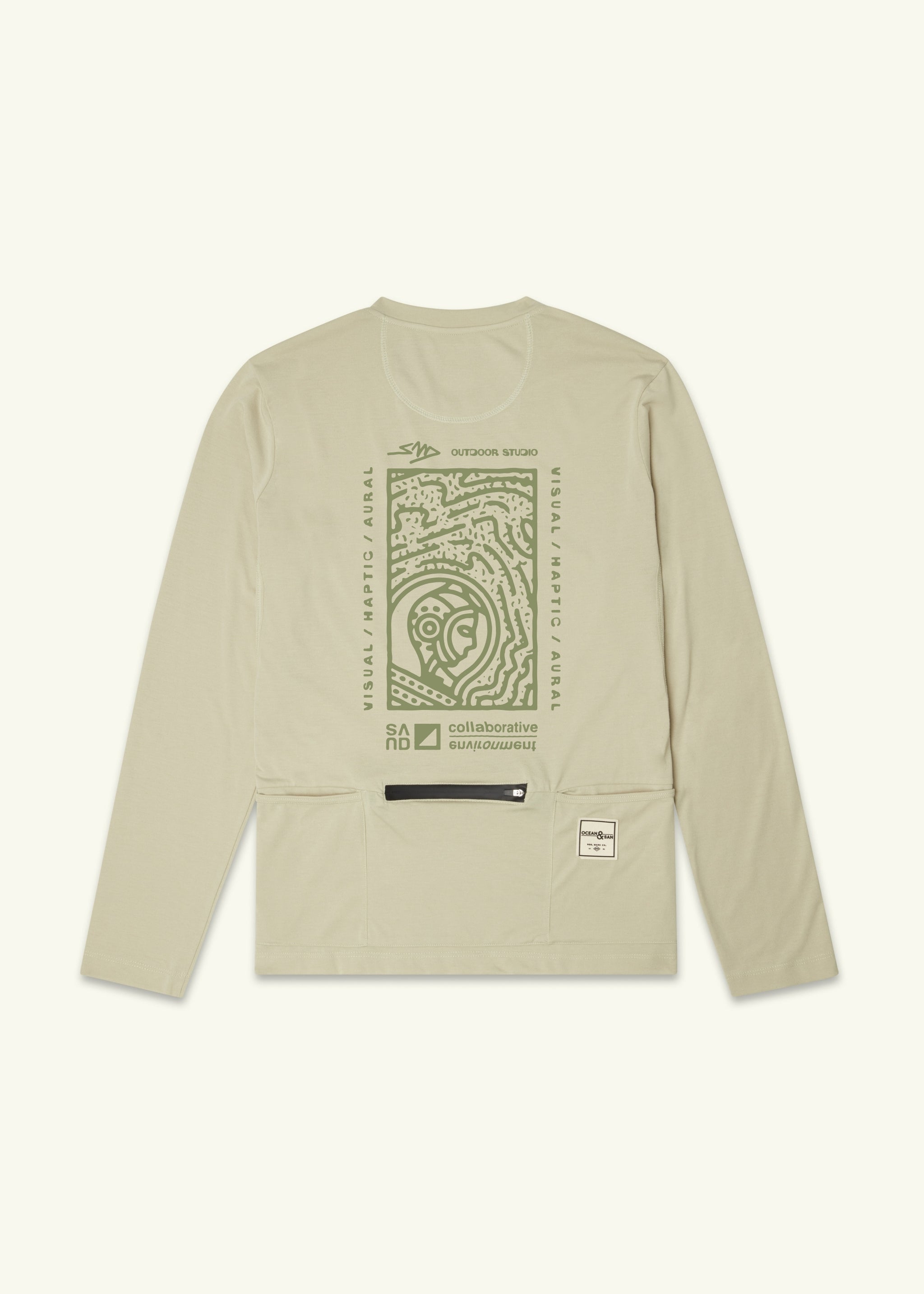 Beige long-sleeve shirt with graphic design on a white background