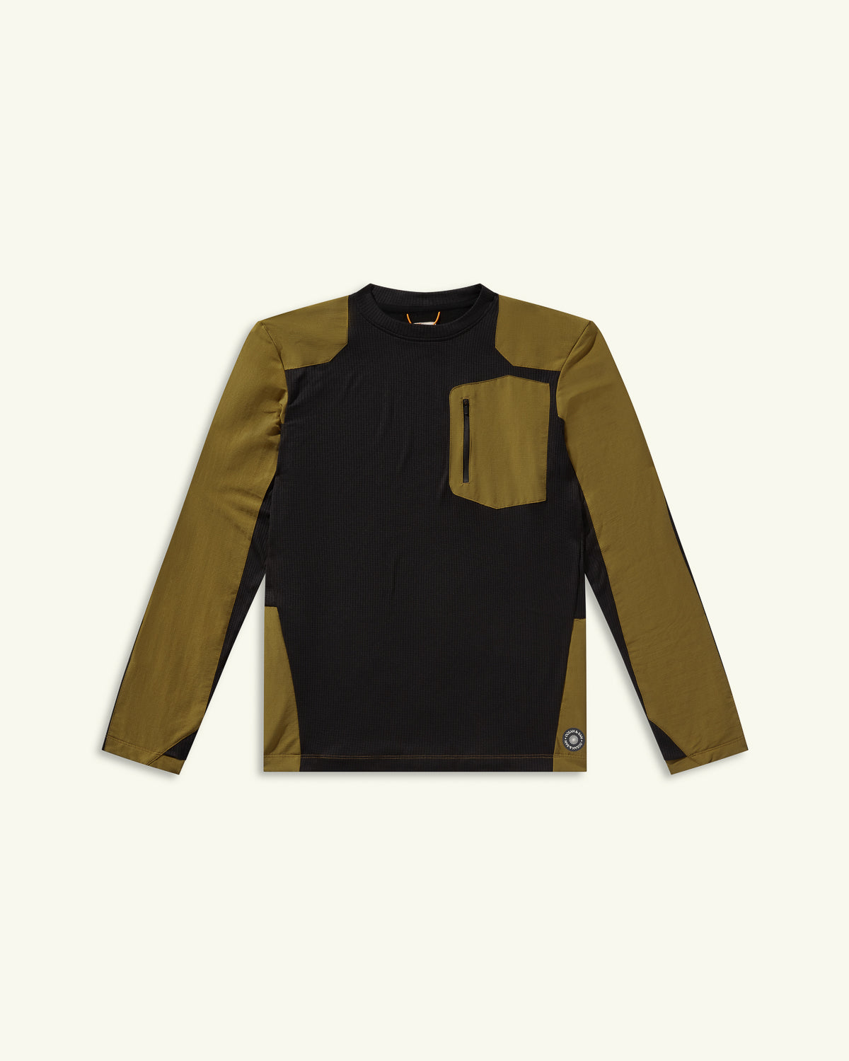 Long-sleeve shirt with black and brown color scheme on a white background